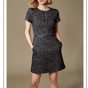 KAREN MILLEN Italian Wool Tweed Dress with Faux Leather Waist 8 Like new